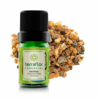 Mockup do frasco de óleo essencial Mirra (Commiphora myrrha) Terra Flor com imagem da planta
