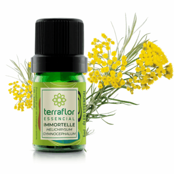 Mockup do frasco de óleo essencial Immortelle (Helichrysum gymnocephalum) Terra Flor com imagem da planta