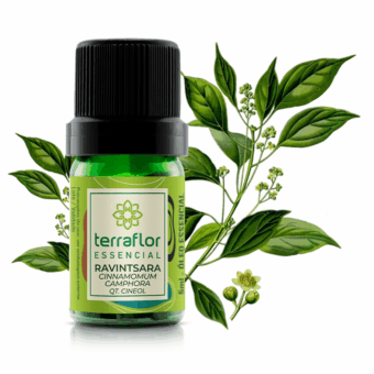 Mockup do frasco de óleo essencial Ravintsara (Cinnamomum camphora) Terra Flor com imagem da planta