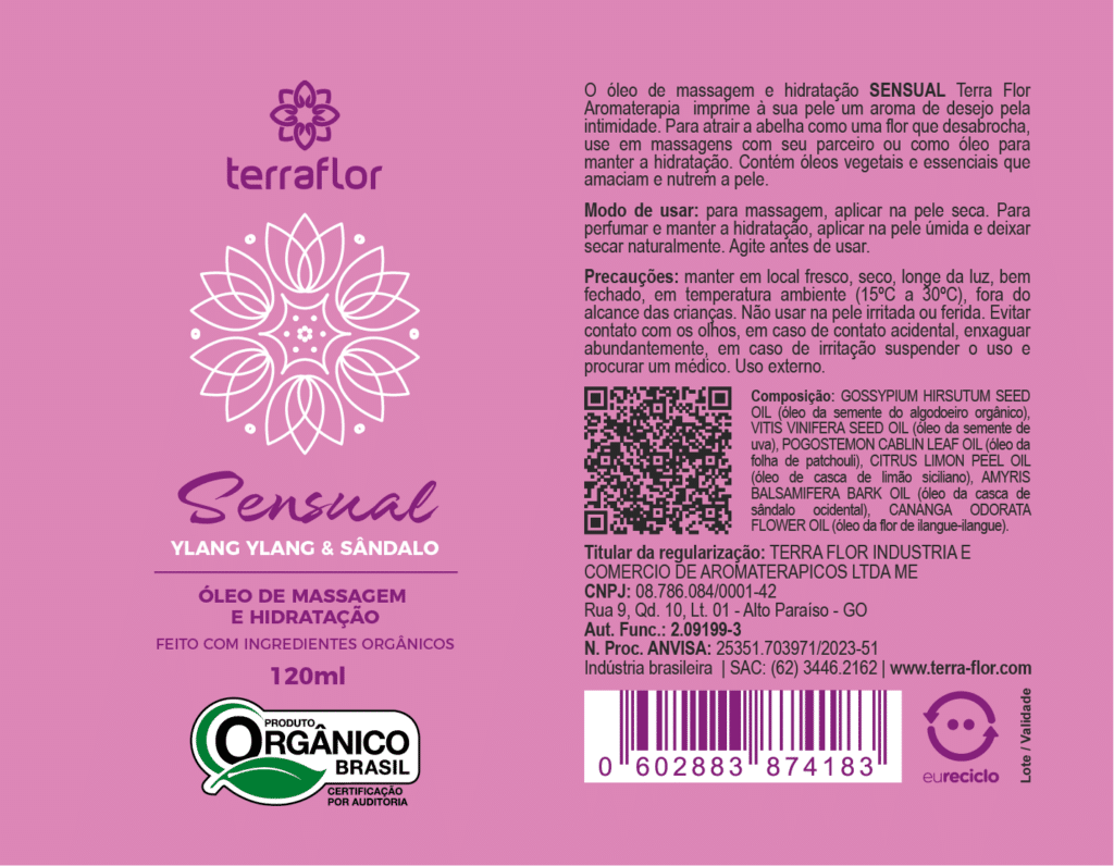 Rótulo do óleo de massagem Sensual orgânico Terra Flor