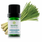 Mockup do frasco de óleo essencial Lemongrass (Cymbopogon flexuosus) orgânico Terra Flor com imagem da planta