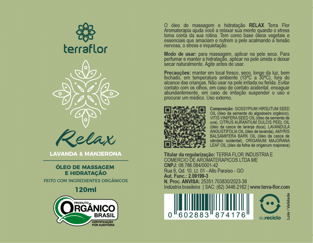 Rótulo do óleo de massagem Relax orgânico Terra Flor