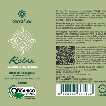 Rótulo do óleo de massagem Relax orgânico Terra Flor