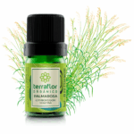 Mockup do frasco de óleo essencial Palmarosa (Cymbopogon martini) orgânico Terra Flor com imagem da planta