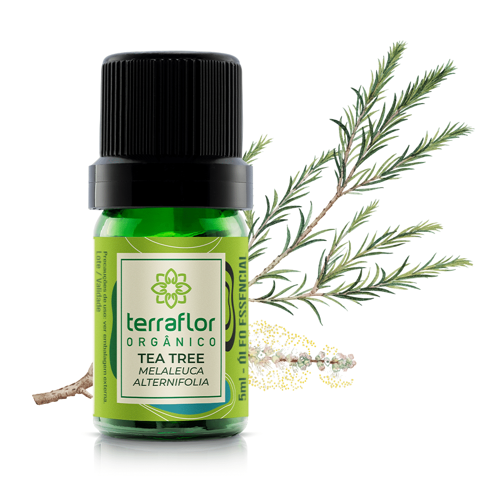 Mockup do frasco de óleo essencial Tea Tree (Melaleuca alternifolia) orgânico Terra Flor com imagem da planta