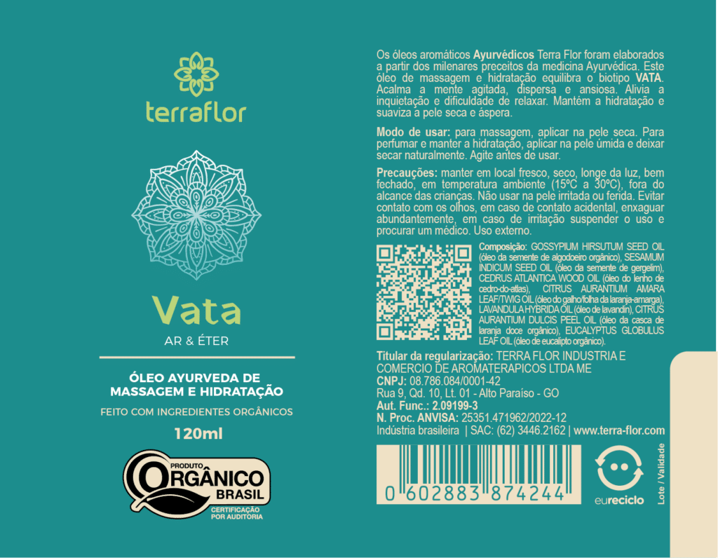 Rótulo do óleo de massagem Ayurveda Vata orgânico Terra Flor