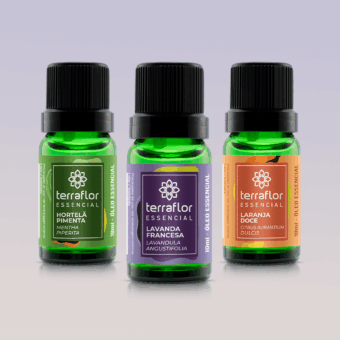 Embalagens dos 3 óleos essenciais do Kit Aromaterapia Top 3