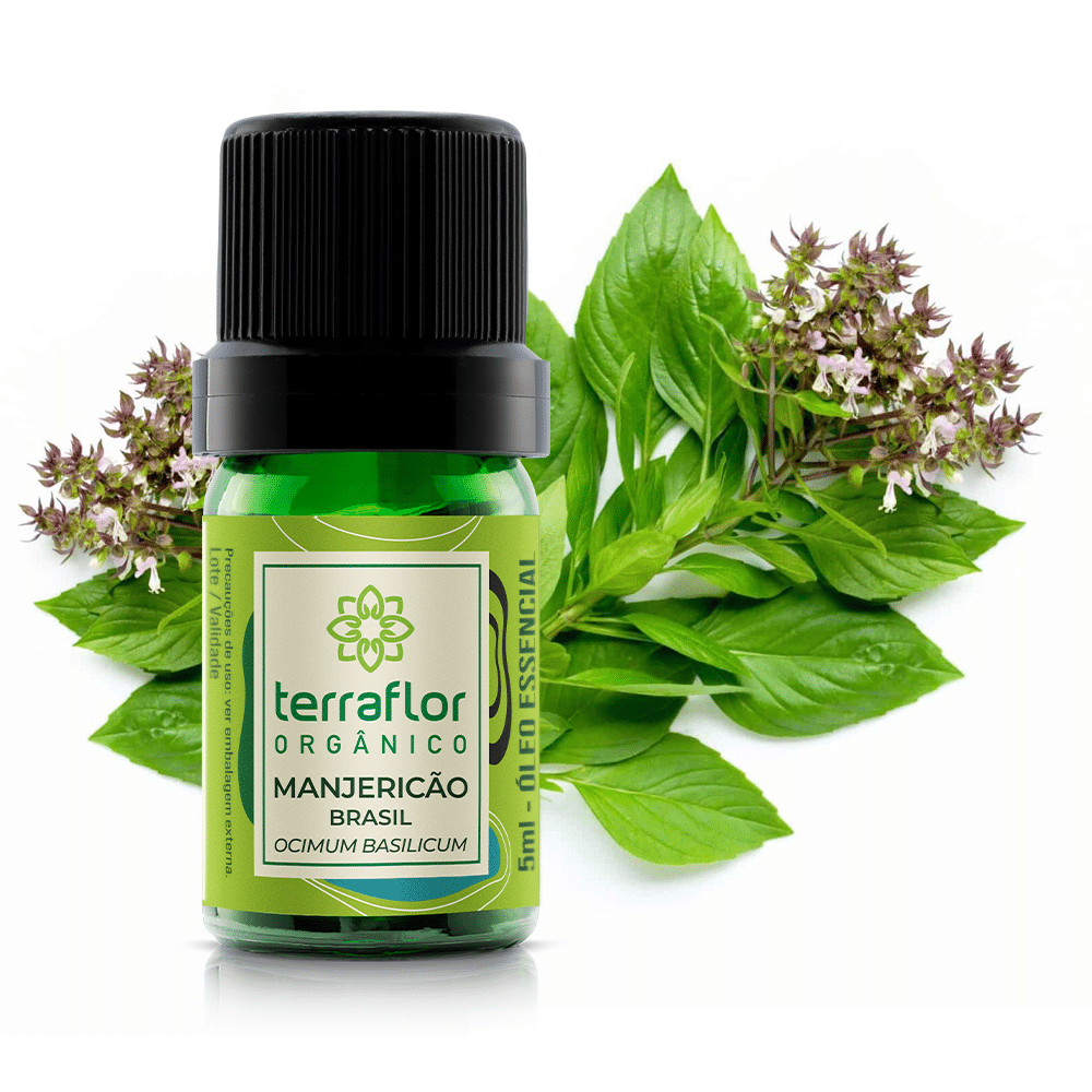 Mockup do frasco de óleo essencial Manjericão Brasil (Ocimum basilicum) orgânico Terra Flor com imagem da planta