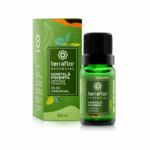 Frasco do óleo essencial de hortelã pimenta com embalagem ao lado.