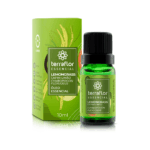 Frasco do óleo essencial de lemongrass com embalagem ao lado.