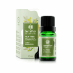 Frasco do óleo essencial de tea tree com embalagem ao lado.