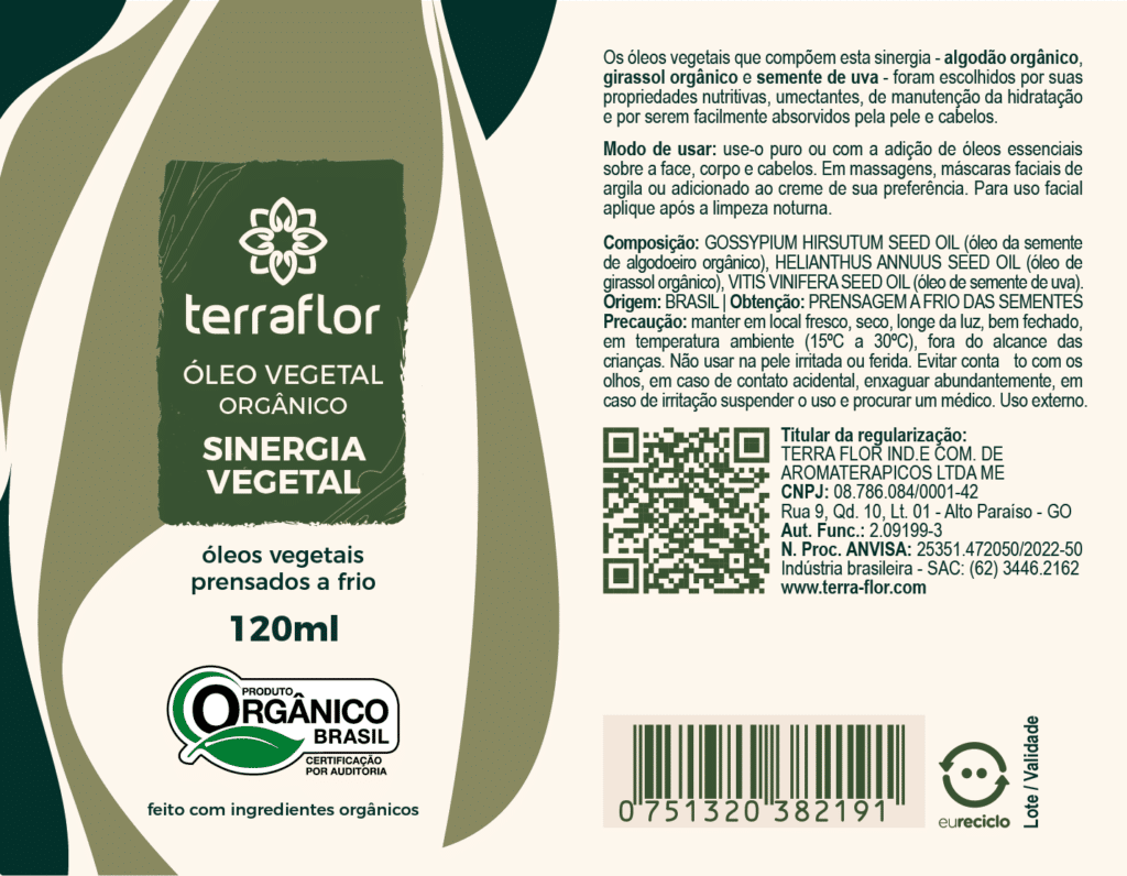 Rótulo de sinergia vegetal orgânico 120ml.
