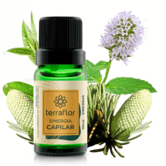 Frasco com blend de óleos essenciais para tratamento capilar Terra Flor