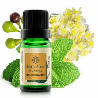 Frasco da Sinergia Revigorante com plantas ao fundo.